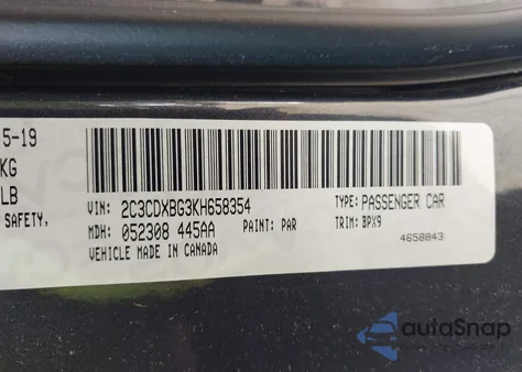 2019 Dodge Charger Sxt Rwd из США, поврежденный, VIN 2C3CDXBG3KH658354